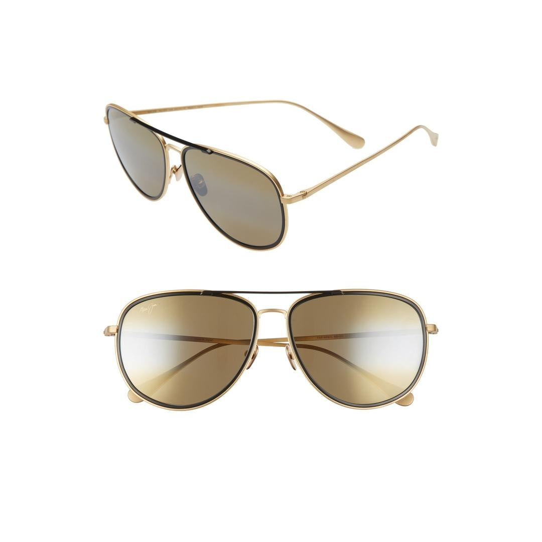 Maui Jim Fair Winds Aviator Polarized Sunglasses | Gold Matte & Black Gloss Rim Frames with HCL Bronze Lenses